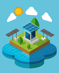 A floating solar platform with advanced purification technology providing clean water to a remote island community.. Vector illustration
