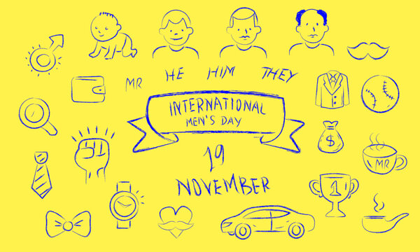 Men, their dream and the world hand drawn doodles. brush sketch men's objects cons for international men's day (November 19), Movember movement and awareness campaign (Isolated)
