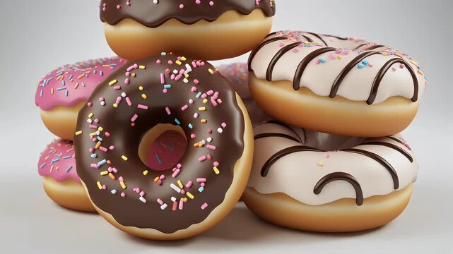 Indulge in a delightful stack of colorful frosted donuts, ready to satisfy any sweet craving with vibrant sprinkles and rich chocolate.