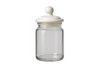 Empty glass jar with a white ceramic lid, providing transparent storage for kitchen, home, or laboratory items, on a clear background