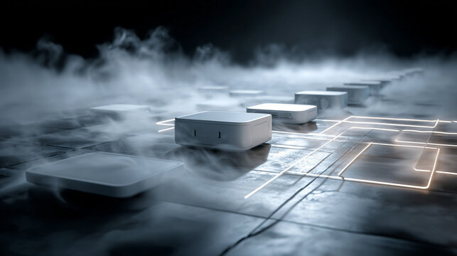 Cloud computing concept with devices emerging from mist, connected by digital streams, illustrating virtual networks, data flow, and modern technology integration.