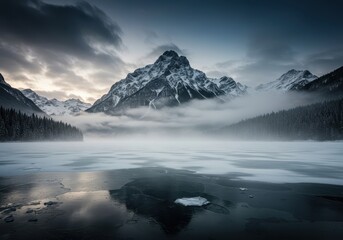 Fototapeta premium A dramatic, icy winter landscape featuring a frozen alpine lake and majestic mountain peaks veiled in thick, swirling fog ,tranquil ,environment ,natural