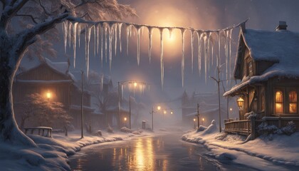 A winter scene with ice dripping down tree branches at night. 