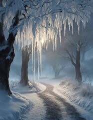 A winter scene with ice dripping down tree branches at night. 