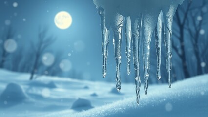 A winter scene with ice dripping down tree branches at night. 