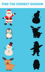 Find the correct shadow. Christmas elements. Isolated background. Vector cartoon illustration.