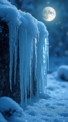 A winter scene with ice dripping down tree branches at night. 
