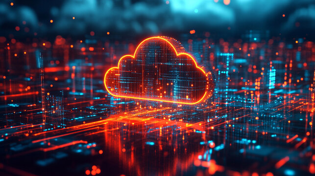 Cloud computing concept with devices emerging from mist, connected by digital streams, illustrating virtual networks, data flow, and modern technology integration.