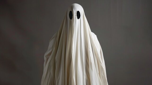 Ghostly figure in a white sheet stands against a gray background