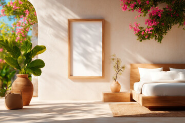 A peaceful and minimalist rustic style bedroom with a simple wooden bed