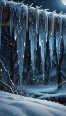A winter scene with ice dripping down tree branches at night. 