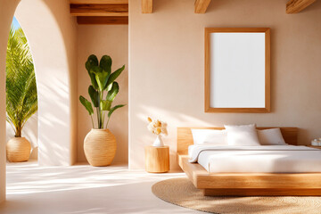 A peaceful rustic style bedroom featuring a tranquil wooden bed