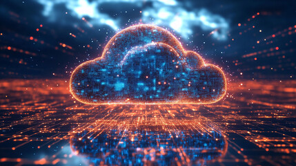 Cloud computing concept with devices emerging from mist, connected by digital streams, illustrating virtual networks, data flow, and modern technology integration.
