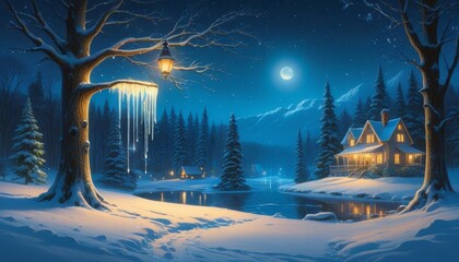 A winter scene with ice dripping down tree branches at night. 