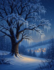A winter scene with ice dripping down tree branches at night. 