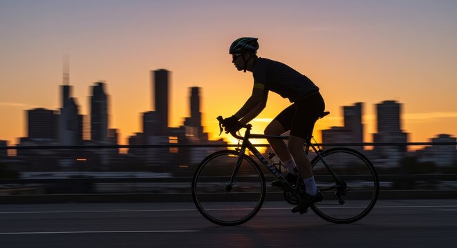Cyclist rides a road bicycle across a bridge with a metropolitan skyline silhouetted against the sunset