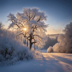 A winter scene with ice dripping down tree branches at night. 