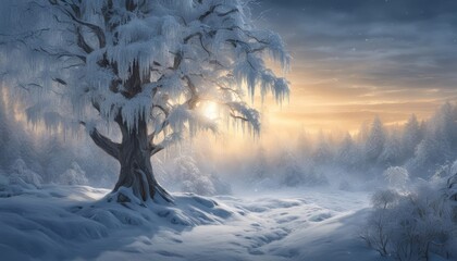 A winter scene with ice dripping down tree branches at night. 