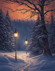 A winter scene with ice dripping down tree branches at night. 