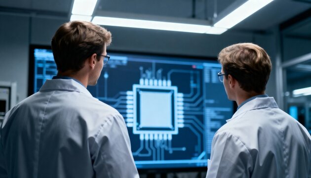 Two scientists in lab coats examine a large screen displaying a complex microchip schematic in a high-tech laboratory.