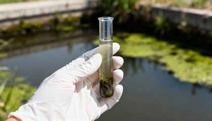 A gloved hand holds a sample tube of murky water and sludge taken from a stagnant, algae-covered pond.
