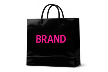 Black shopping bag with pink brand text, representing retail, consumerism, and advertising on transparent background