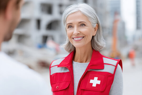 Smiling female medical volunteer in red vest with white cross symbol assisting in disaster zone with blurred background of damaged buildings