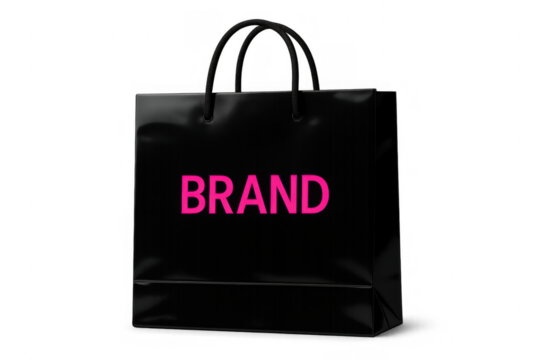 Black shopping bag with pink brand text, representing retail, consumerism, and advertising on transparent background - Powered by Adobe