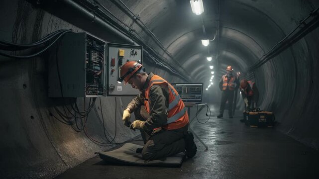 Technician adjusting radio transceiver in underground tunnel ensuring seamless communication for emergency response teams