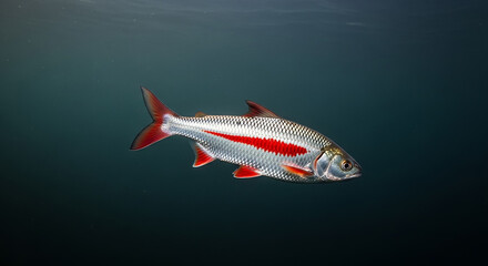 Fototapeta premium Redstripe shiner fish swimming underwater in blue water