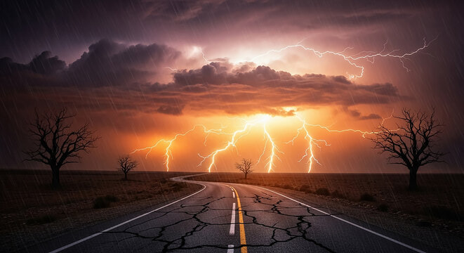 Desert road storming with powerful lightning strikes
