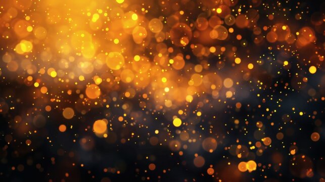 Golden and brown bokeh lights shimmer on black background