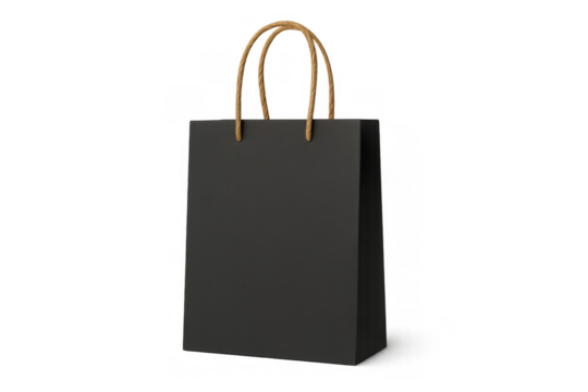 Black paper shopping bag with handles, offering retail mockup space for branding, consumerism, and sales concepts