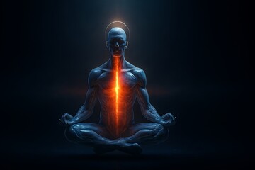 Meditating figure with glowing energy radiating from the spine
