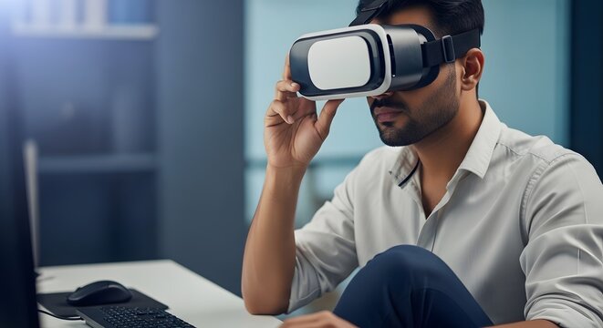 Young man experiencing virtual reality with a headset at a desk in a modern office environment.