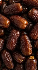 Obraz premium Close-up view of a pile of organic dried dates, showcasing their wrinkled skin, rich brown color, and naturally sticky texture, healthy eating, gourmet, organic