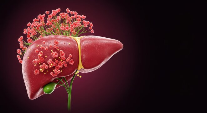 Conceptual rendering of a healthy liver structure blooming like a vibrant flower, symbolizing vitality, detox, and internal wellness, diagram, abstract, care