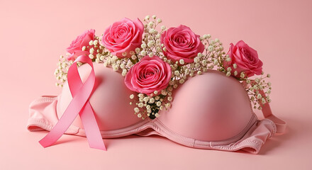 Pink bra with roses, ribbon for breast cancer awareness