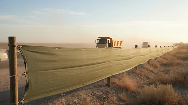 Medium shot showing a sturdy cloth barrier installed along a dusty roadside blocking and reducing particulate emissions from vehicle movement.