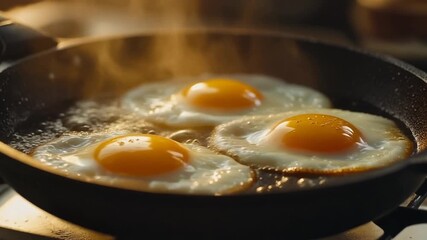 Sunny side up eggs frying in pan during breakfast preparation emphasizing freshness and simple homemade cooking. - Powered by Adobe