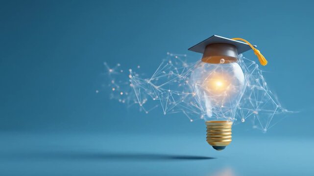 A glowing lightbulb wearing a graduation cap, symbolizing knowledge
