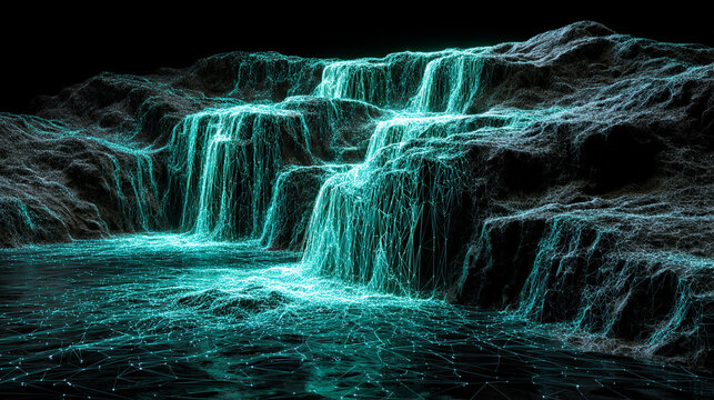 Data streams cascade like waterfalls blending digital and natural elements symbolizing information flow connectivity and the harmony between technology and organic patterns - Powered by Adobe