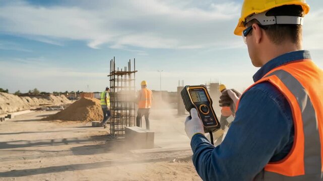 Technician manually operates handheld silica dust monitor on construction site ensuring realtime air quality assessment for worker safety in industrial environment.