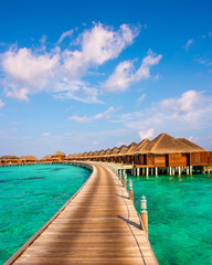 Wooden pathway to bungalows. Summer vacation, holiday amazing nature. Relax paradise, Maldives. Tropical island beach landscape exotic shore coast. Tranquil closeup calm sea water waves.