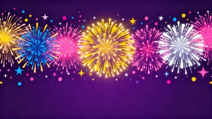Fototapeta premium Vibrant fireworks burst in a colorful display against a deep purple background, adorned with twinkling stars and festive sparkles.