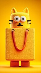 a cute cartoon character resembling a cat carrying a bag, set against a bright yellow background