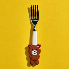 a fork with a cute brown teddy bear attached to it against a yellow background