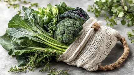 a grocery bag filled with fresh vegetables lying on a concrete surface