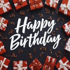 a happy birthday background surrounded by wrapped presents in red and gold colors