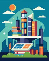 Obraz premium A futuristiclooking library on the outskirts of a bustling metropolis powered by solar energy and equipped with a unique collection of solarpowered ebooks.. Vector illustration